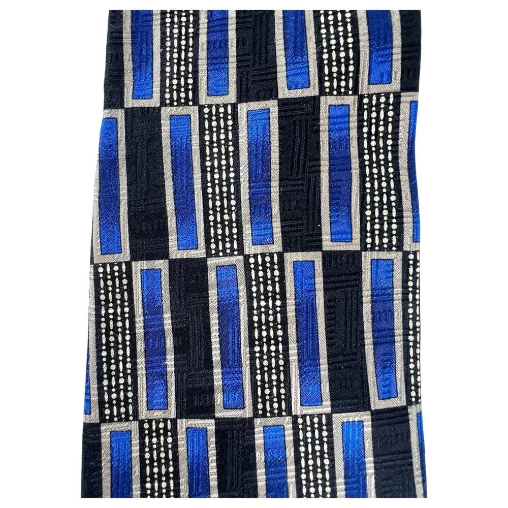 Louis Roth Mens Silk Tie Blue & Black Geometric Art Deco Pattern Hans Sewn Italy